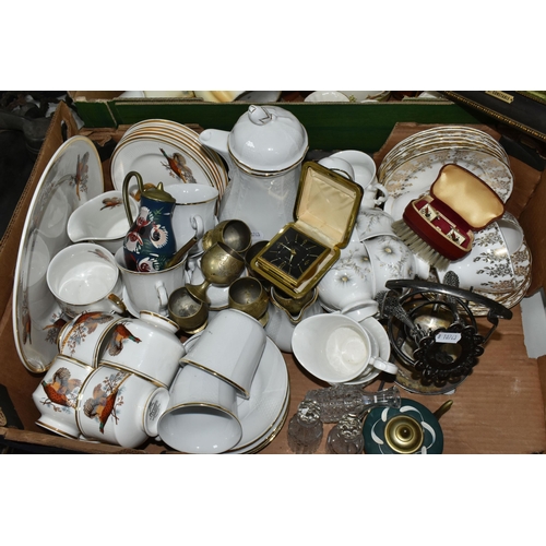 393 - TWO BOXES AND LOOSE CERAMICS, METALWARE AND GLASS, to include a Saxony Ellgreave coffee set consisti... 