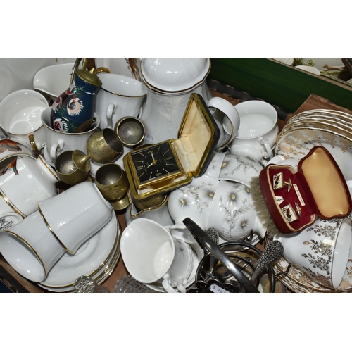 393 - TWO BOXES AND LOOSE CERAMICS, METALWARE AND GLASS, to include a Saxony Ellgreave coffee set consisti... 