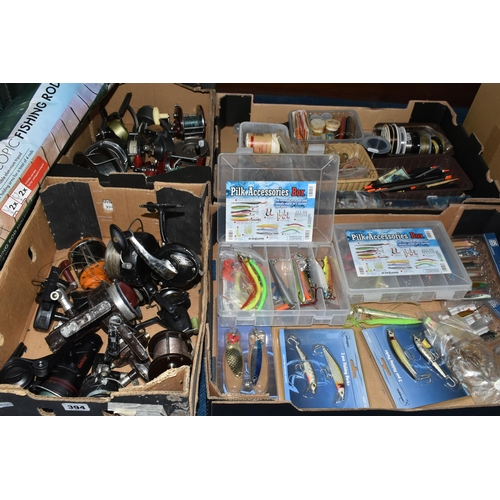 394 - SIX BOXES AND LOOSE FISHING SUPPLIES to include a box of perks, pilk accessories, and spoons, two bo... 