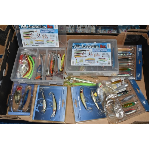 394 - SIX BOXES AND LOOSE FISHING SUPPLIES to include a box of perks, pilk accessories, and spoons, two bo... 