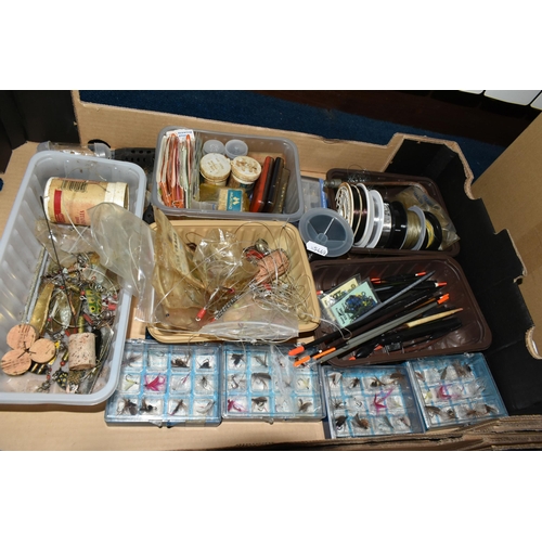 394 - SIX BOXES AND LOOSE FISHING SUPPLIES to include a box of perks, pilk accessories, and spoons, two bo... 