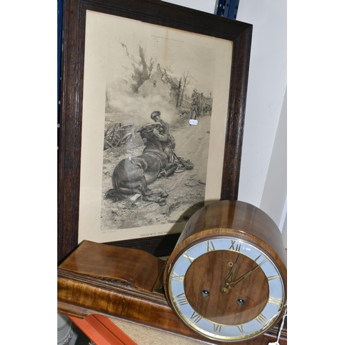 395 - ONE MANTEL CLOCK AND FRAMED PRINT OF WARHORSE SCENE, comprising a framed print entitled 'Good-Bye Ol... 