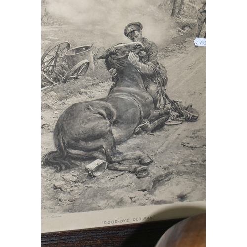 395 - ONE MANTEL CLOCK AND FRAMED PRINT OF WARHORSE SCENE, comprising a framed print entitled 'Good-Bye Ol... 