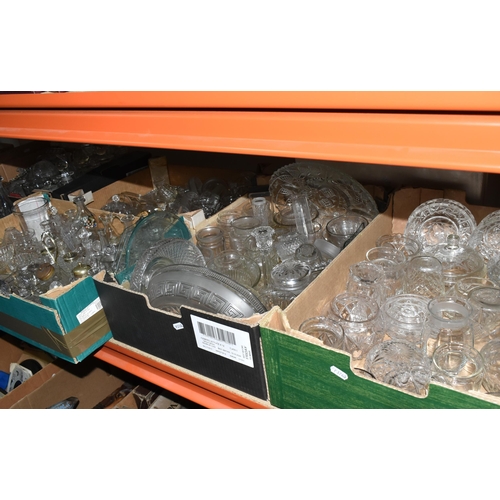 400 - SIX BOXES AND LOOSE CUT AND PRESSED CLEAR GLASSWARE to include an assortment of glasses, plates, dec... 