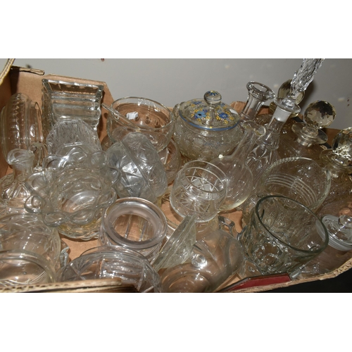 400 - SIX BOXES AND LOOSE CUT AND PRESSED CLEAR GLASSWARE to include an assortment of glasses, plates, dec... 