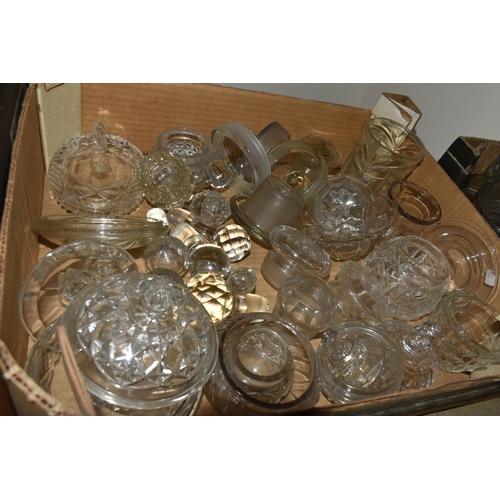 400 - SIX BOXES AND LOOSE CUT AND PRESSED CLEAR GLASSWARE to include an assortment of glasses, plates, dec... 