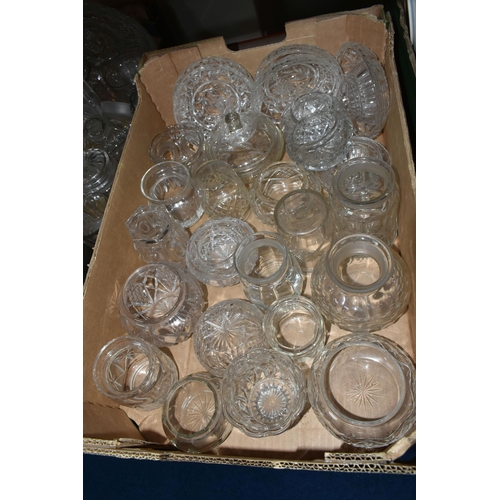 400 - SIX BOXES AND LOOSE CUT AND PRESSED CLEAR GLASSWARE to include an assortment of glasses, plates, dec... 