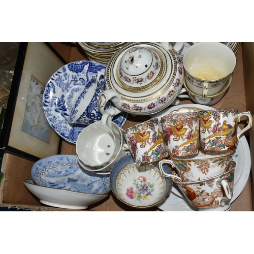 401 - ONE BOX OF CERAMIC TABLEWARE to include two framed horse riding prints, a variety of Royal Crown Der... 