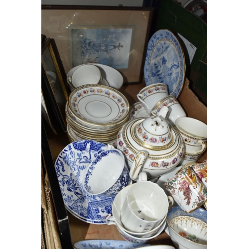 401 - ONE BOX OF CERAMIC TABLEWARE to include two framed horse riding prints, a variety of Royal Crown Der... 