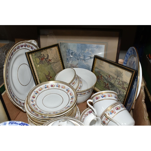 401 - ONE BOX OF CERAMIC TABLEWARE to include two framed horse riding prints, a variety of Royal Crown Der... 