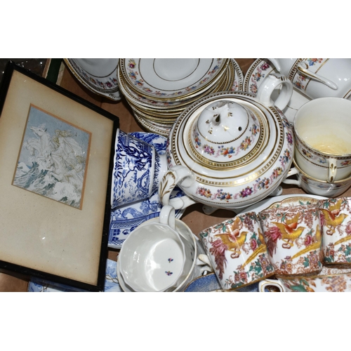 401 - ONE BOX OF CERAMIC TABLEWARE to include two framed horse riding prints, a variety of Royal Crown Der... 