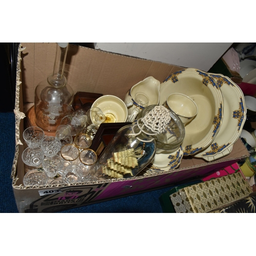 403 - FOUR BOXES AND LOOSE CERAMICS AND GLASSWARE, to include a large Webb Crystal vase, three ships in a ... 