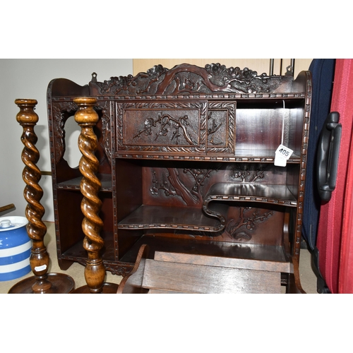 405 - AN ORIENTAL CARVED WALL DISPLAY CABINET,  carved dark wood cabinet, decorated with a prunus blossom ... 