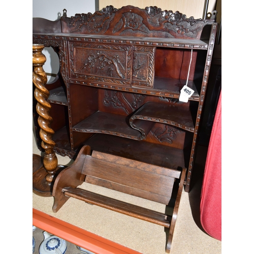 405 - AN ORIENTAL CARVED WALL DISPLAY CABINET,  carved dark wood cabinet, decorated with a prunus blossom ... 