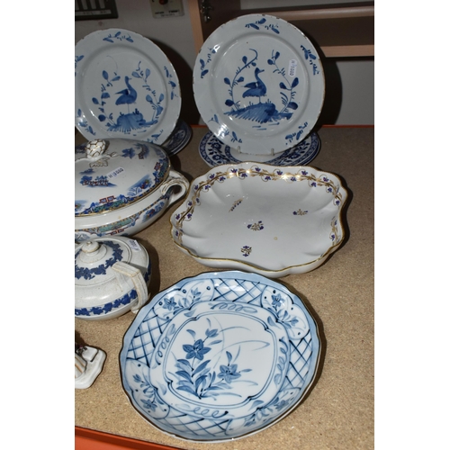 407 - A GROUP OF CERAMICS, comprising two 19th century Delft Ware dishes decorated with a blue floral desi... 