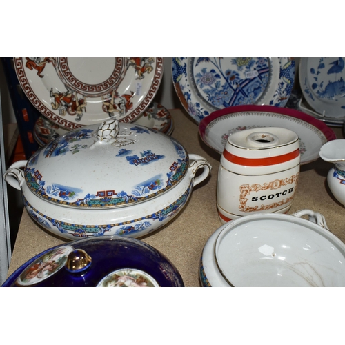 407 - A GROUP OF CERAMICS, comprising two 19th century Delft Ware dishes decorated with a blue floral desi... 