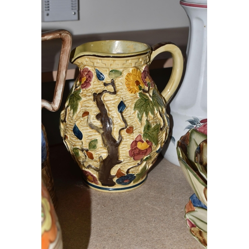 408 - A GROUP OF NAMED CERAMICS, comprising a Bursley Ware Charlotte Rhead Arabesque pattern jug, 24cm hig... 