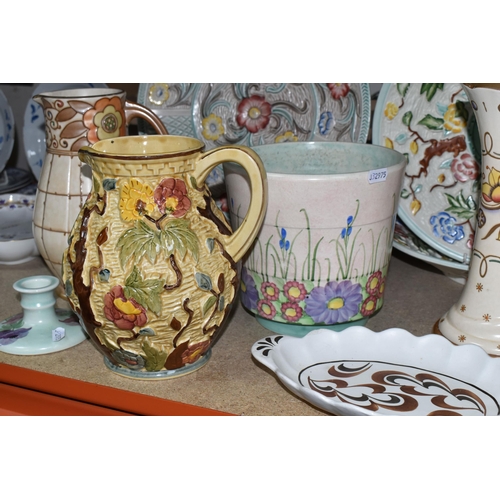 408 - A GROUP OF NAMED CERAMICS, comprising a Bursley Ware Charlotte Rhead Arabesque pattern jug, 24cm hig... 