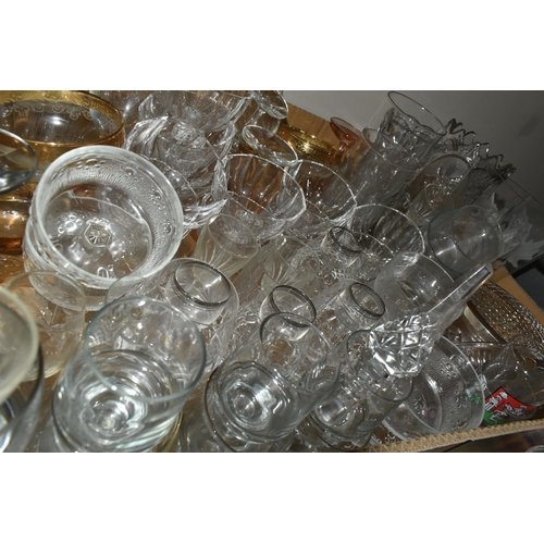 410 - THREE BOXES AND LOOSE CERAMICS AND GLASSWARE, to include a Stuart Crystal pedestal fruit bowl, rose ... 