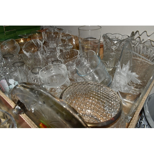 410 - THREE BOXES AND LOOSE CERAMICS AND GLASSWARE, to include a Stuart Crystal pedestal fruit bowl, rose ... 