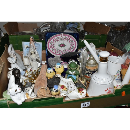 410 - THREE BOXES AND LOOSE CERAMICS AND GLASSWARE, to include a Stuart Crystal pedestal fruit bowl, rose ... 