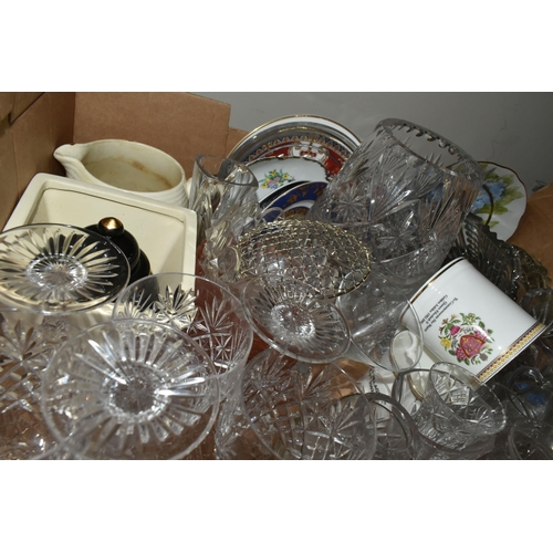 410 - THREE BOXES AND LOOSE CERAMICS AND GLASSWARE, to include a Stuart Crystal pedestal fruit bowl, rose ... 