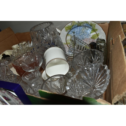 410 - THREE BOXES AND LOOSE CERAMICS AND GLASSWARE, to include a Stuart Crystal pedestal fruit bowl, rose ... 