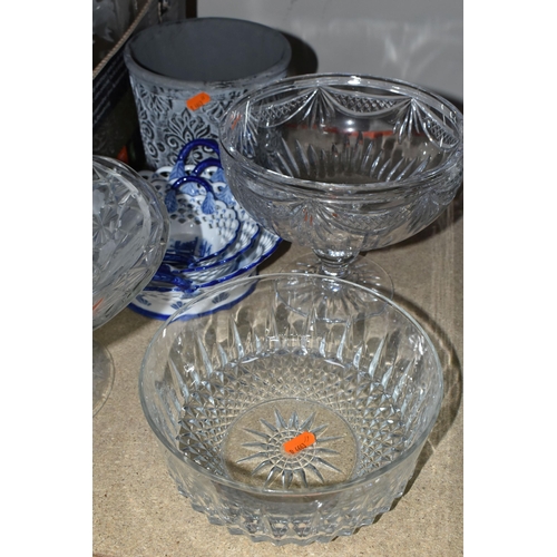 410 - THREE BOXES AND LOOSE CERAMICS AND GLASSWARE, to include a Stuart Crystal pedestal fruit bowl, rose ... 