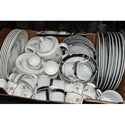 411 - THREE BOXES OF CERAMICS, to include a Mayfair fine bone china dinner set, Wedgwood red and white 'Ho... 