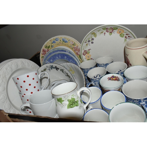 411 - THREE BOXES OF CERAMICS, to include a Mayfair fine bone china dinner set, Wedgwood red and white 'Ho... 