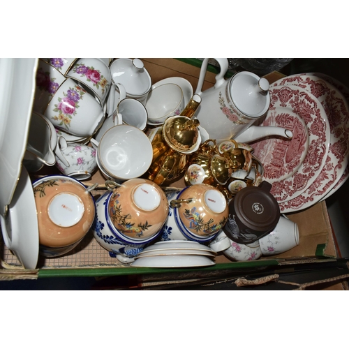 411 - THREE BOXES OF CERAMICS, to include a Mayfair fine bone china dinner set, Wedgwood red and white 'Ho... 