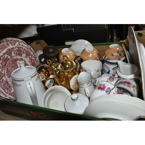 411 - THREE BOXES OF CERAMICS, to include a Mayfair fine bone china dinner set, Wedgwood red and white 'Ho... 