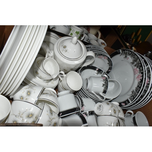 411 - THREE BOXES OF CERAMICS, to include a Mayfair fine bone china dinner set, Wedgwood red and white 'Ho... 