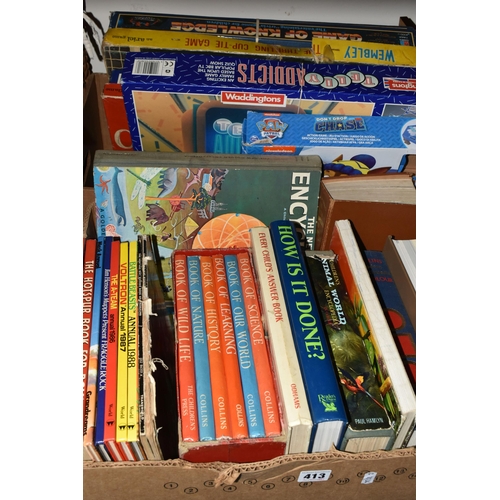 413 - TWO BOXES OF BOOKS AND BOARD GAMES, to include a boxed set of Collins Children's Encyclopaedia of Kn... 