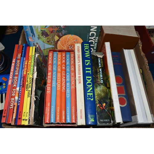 413 - TWO BOXES OF BOOKS AND BOARD GAMES, to include a boxed set of Collins Children's Encyclopaedia of Kn... 