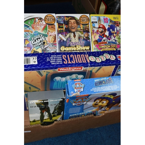 413 - TWO BOXES OF BOOKS AND BOARD GAMES, to include a boxed set of Collins Children's Encyclopaedia of Kn... 