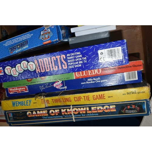 413 - TWO BOXES OF BOOKS AND BOARD GAMES, to include a boxed set of Collins Children's Encyclopaedia of Kn... 