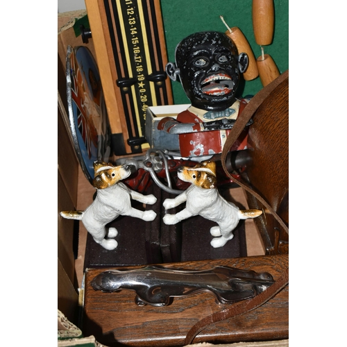 415 - ONE BOX OF MISCELLANEOUS SUNDRIES, to include a chrome 'Jaguar' car mascot mounted on a wooden plint... 