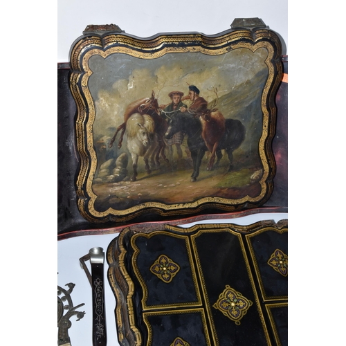 416 - A 19TH CENTURY LACQUERED GAMES BOX, with sectional interior and a collection of sixty four white bon... 