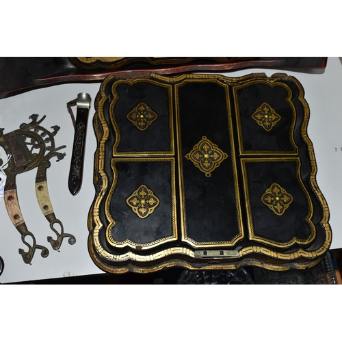 416 - A 19TH CENTURY LACQUERED GAMES BOX, with sectional interior and a collection of sixty four white bon... 