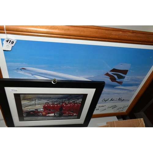 419 - TWO FRAMED PHOTOGRAPHS featuring Concorde, signed by Captain and Crew and a signed Racing Car photog... 