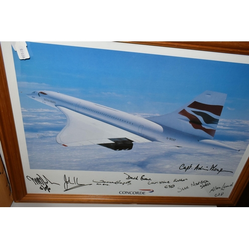 419 - TWO FRAMED PHOTOGRAPHS featuring Concorde, signed by Captain and Crew and a signed Racing Car photog... 