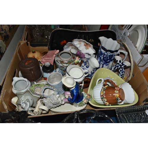 423 - FIVE BOXES OF CERAMICS AND GLASSWARE, to include a Roskyl Pottery candle holder, four 'Cottage Ware'... 