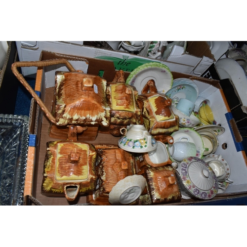 423 - FIVE BOXES OF CERAMICS AND GLASSWARE, to include a Roskyl Pottery candle holder, four 'Cottage Ware'... 