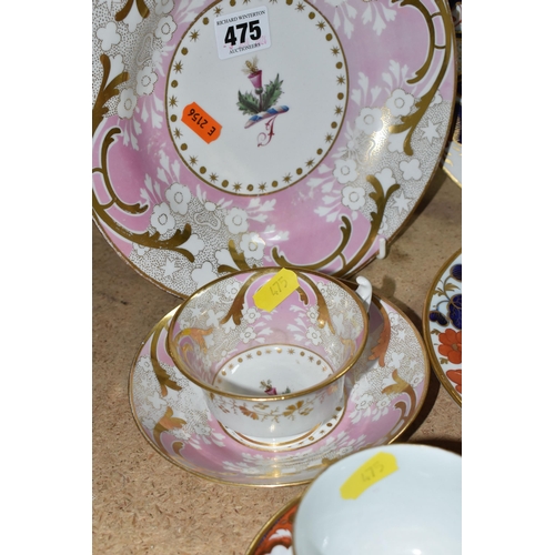 475 - A SMALL GROUP OF EARLY 19TH CENTURY PORCELAIN, PROBABLY COALPORT, comprising a pink and gilt ground ... 