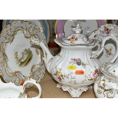 483 - A SMALL COLLECTION OF MOSTLY VICTORIAN PORCELAIN TEA WARES AND DESSERT PLATES, including an early 19... 