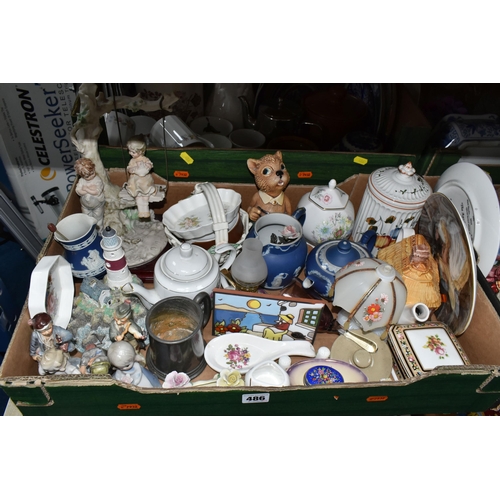 486 - FIVE BOXES AND LOOSE CERAMICS, GLASS AND SUNDRY ITEMS, to include two Wedgwood blue dipped Jasperwar... 