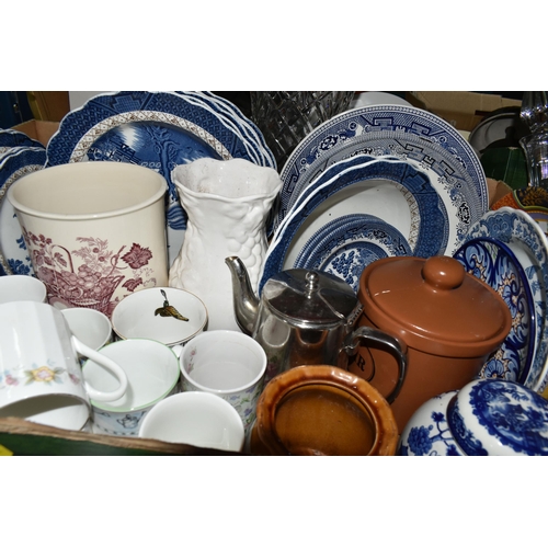 486 - FIVE BOXES AND LOOSE CERAMICS, GLASS AND SUNDRY ITEMS, to include two Wedgwood blue dipped Jasperwar... 