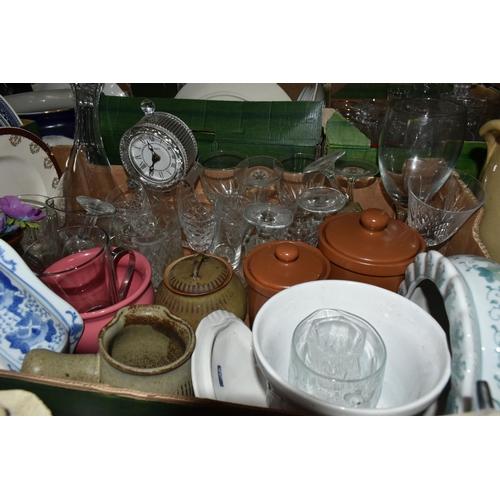 486 - FIVE BOXES AND LOOSE CERAMICS, GLASS AND SUNDRY ITEMS, to include two Wedgwood blue dipped Jasperwar... 