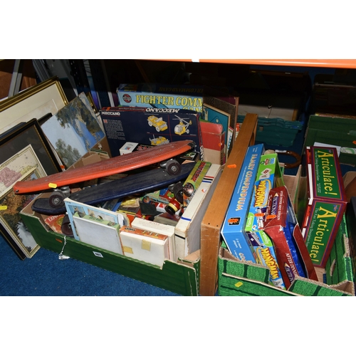 487 - THREE BOXES AND LOOSE TOYS, GAMES AND PICTURES, to include two vintage skateboards, assorted mainly ... 